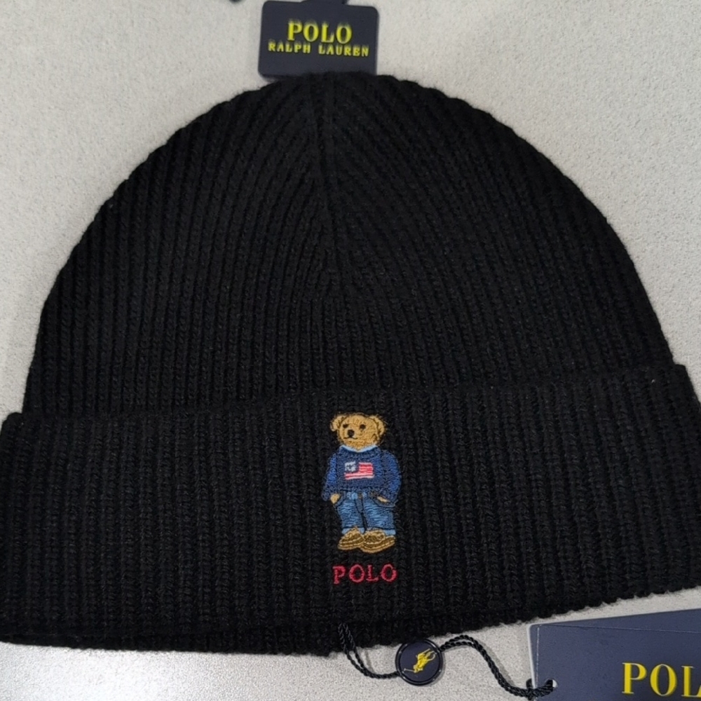 Ralph Lauren Black Beanie with Polo Bear Detail